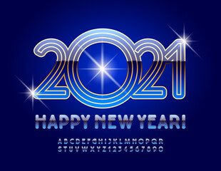 Vector Happy New Year 2021 elite greeting card. Shiny Gold and Rich Blue Font. Luxury creative Alphabet Letters and Numbers set
