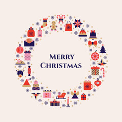 Merry Christmas card. Vector wreath with holiday icons and symbols. 