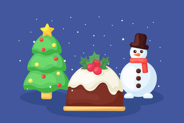 Cute vector illustration with chocolate cake, Christmas tree & snowman. Cartoon New Year/Xmas background, poster, print. Adorable festive decoration with shiny falling snowflakes on dark blue sky.