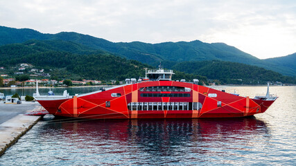 Moored ferryboat in the port of Thassos, Greece