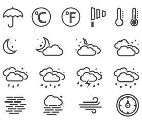 Weather Forecast symbols night set line or outline style simple flat icons isolated on white background. Weather report outline symbols