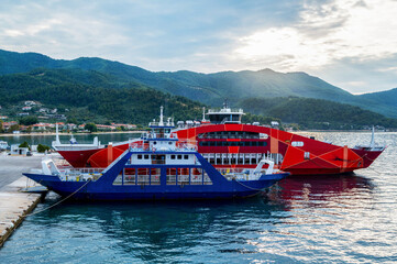 Moored ferryboats in the port of Thassos, Greece