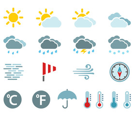 Weather Forecast color icons day set simple flat symbols isolated on white background. Weather report symbols outline style.