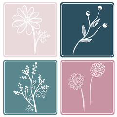 Set of 4 Floral Patterns with hand drawn flowers. Vector sketching