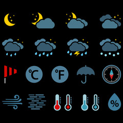 Weather Forecast color icons day set simple flat symbols isolated on white background. Weather report symbols outline style.
