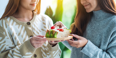 Two women holding and eating whole wheat sandwich in wooden plate together