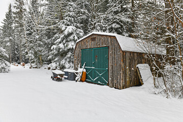 Rural snowy scene with shed and tools with forest background - 390396061