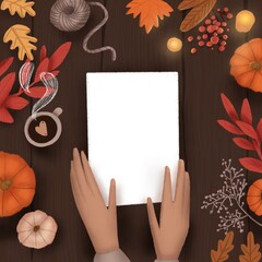 Digital illustration autumn background with leaves, hands, white mock up card - 390396413