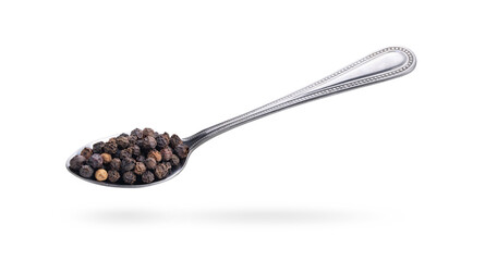 black pepper in steel spoon on a white background