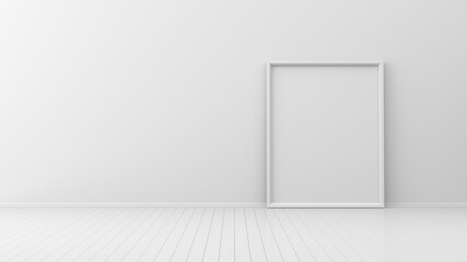 White interior with white empty frame. 3d render illustration.