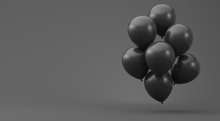 Composition of black shiny air balloons on a black background. 3d rendering. Black Friday.