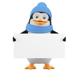 Cartoon character penguin in winter clothes holding an empty board on a white background. 3d render illustration.