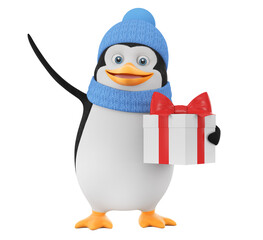 Cartoon character penguin in winter clothes holding a box with a gift decorated with a red ribbon on a white background. 3d render illustration.