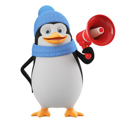 Cartoon character penguin in winter clothing holding a red megaphone on a white background. 3d render illustration.