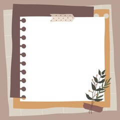 Scrapbook composition with notes paper, tapes and flowers elements. Page for stories