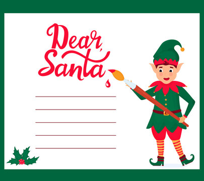 Funny elf with a paint brush writes a letter to Santa Claus