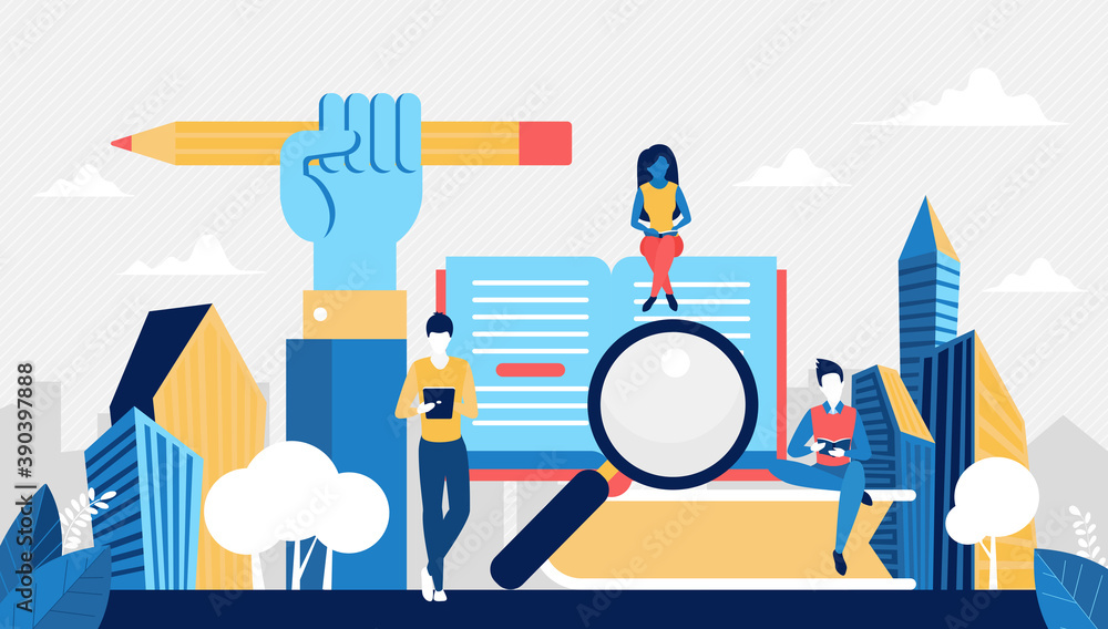Poster university, school or course education concept vector illustration. cartoon students learning from h