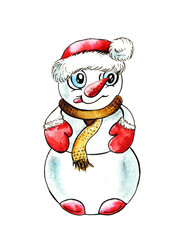 New year's snowman in a red cap and red mittens smiles, cute postcard in watercolor.