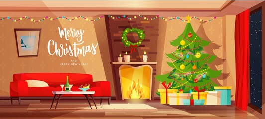 Cozy living room interior decorated for Christmas holidays. Cartoon vector illustration with red sofa, Christmas tree, fireplace and gifts.