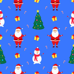 Santa Claus, snowman and Christmas tree. New Year's seamless pattern