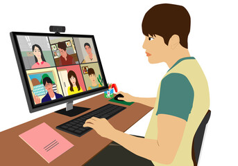 Online meeting. Video conference. Web work briefing. home, live meeting, desktop PC, solo, lesson, vector illustration, graphic, work from home job. office, telework, flexible, New Normal, COVID-19,