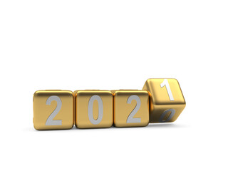 Number 2021 on golden dice isolated on white background. 3d illustration