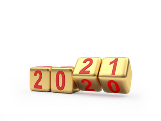 2021 and 2020 gold dice rotate and change numbers isolated on white background. 3D illustration	