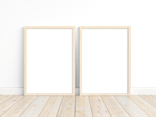 Two thin A4 wooden frames with portrait orientation. 3D illustration.