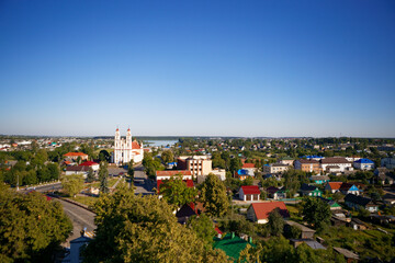 city view panorama with a white church. city Glubokoe