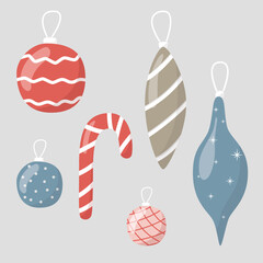 Set of cartoon icons. Christmas glass toys. Decorations for the new year and christmas.