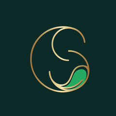 Obraz premium CS monogram logo. Letter c and letter s typographic icon.Decorative overlap lettering sign.Alphabet initials with leaf isolated on dark green fund.Modern,elegant,luxury style golden metal characters.