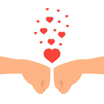 Fist bump of two close friends or team partners as symbol of love, unity and cooperation. Touching knuckles in greeting and agreement. Business collaboration and teamwork concept. Vector illustration.