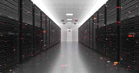 Server Racks In a Modern Data Center. Computer Racks All Around With Flying Numbers. Technology Related 3D Illustration Render.