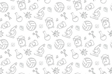 Set of linear vector on a school theme on a white background, seamless pattern