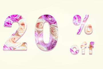 Inscription 20% off discount promotion sale poster made from tulip flowers. Women's day sale banner, ads.