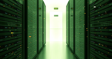 Modern Server Room Environment. Computer Racks All Around With Flying Numbers. Technology Related 3D Illustration Render.