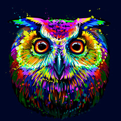 Long-eared Owl. Abstract, multicolored, graphic  portrait of an owl in the style of pop art on a dark blue background. Digital vector drawing