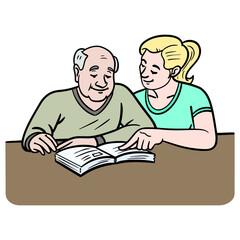 young woman helps old man to read. Learning comic.