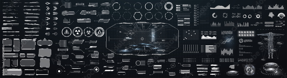 Aufkleber Sci-fi futuristic hud dashboard display virtual reality technology screen. Big collection HUD, GUI elements for VR, UI design. Futuristic User Interface set. Statistics, data information infographic