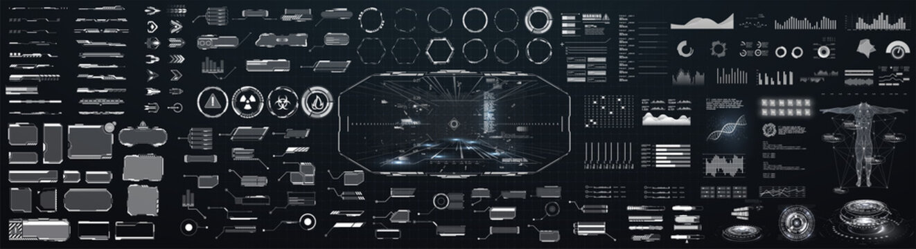 Sci-fi futuristic hud dashboard display virtual reality technology screen. Big collection HUD, GUI elements for VR, UI design. Futuristic User Interface set. Statistics, data information infographic