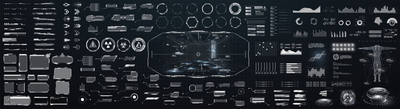 Sci-fi Futuristic Hud Dashboard Display Virtual Reality Technology Screen. Big Collection HUD, GUI Elements For VR, UI Design. Futuristic User Interface Set. Statistics, Data Information Infographic