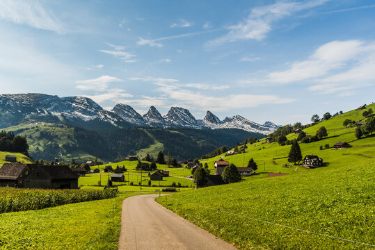 Stra&szlig;e durch Weidegebiet mit Blick auf die Churfirsten, Toggenburg, Kanton St. Gallen, Schweiz