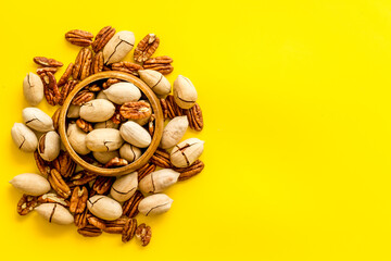 Top view of pecan nuts set. Food background