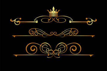 Gold calligraphic elements for your design isolated on black background, royal style, vintage, vector illustration