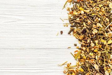 Rodent pet food background. Top, overhead view