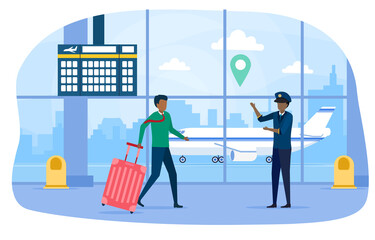 Man and airport employee in airport terminal. Air transportation. Concept of air travelling, business transportation. Airplane waiting passengers on air landing line. Cartoon vector illustration