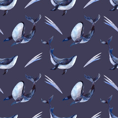 Fototapeta premium Seamless watercolor pattern with whales on a blue background. Watercolor illustration with a whale for fabrics, clothing, postcards, packaging paper. Nautical theme.