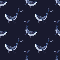 Seamless watercolor pattern with whales on a dark blue background. Watercolor illustration with a whale for fabrics, clothing, postcards, packaging paper. Nautical theme.
