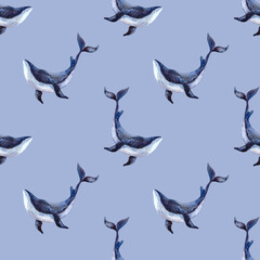 Seamless watercolor pattern with whales on a blue background. Watercolor illustration with a whale for fabrics, clothing, postcards, packaging paper. Nautical theme.
