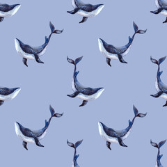 Seamless watercolor pattern with whales on a blue background. Watercolor illustration with a whale for fabrics, clothing, postcards, packaging paper. Nautical theme.